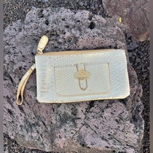 Sharif 1827 Gold Snakeskin Embossed Wristlet Clutch Metallic Leather